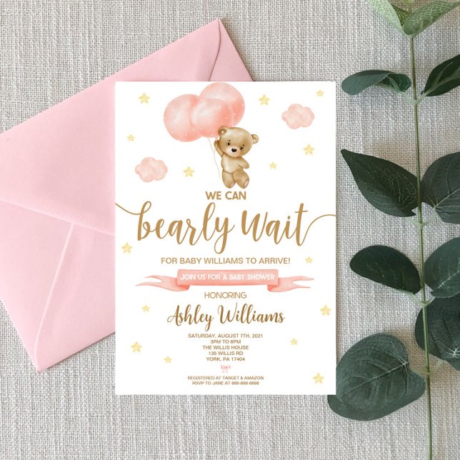 Invitation Baby shower de l'ours en peluche et des ballons ro (Créateur téléchargé)
