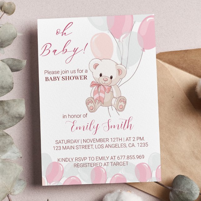 Invitation Baby shower de l'ours en peluche rose (Créateur téléchargé)