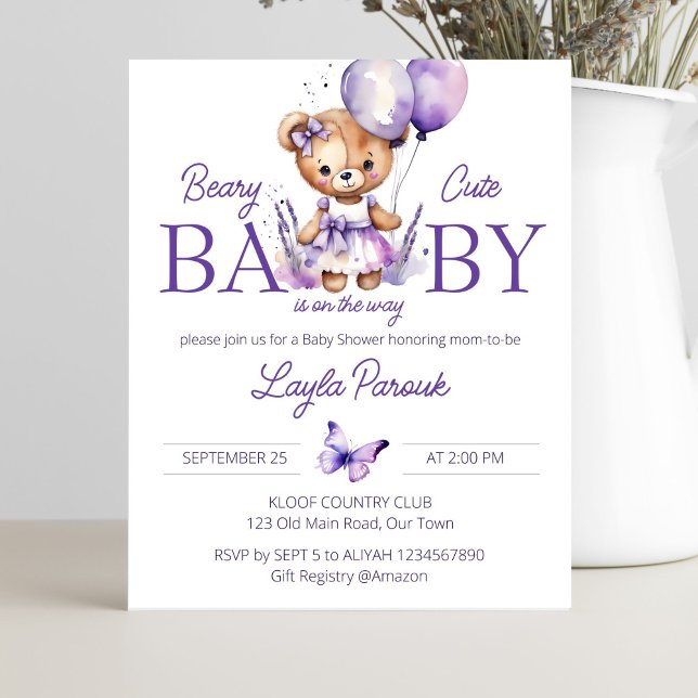 Invitation baby shower de l'ours en peluche violet (Purple lavender teddy bear girl baby shower budget invitation a cute teddy bear with balloons)