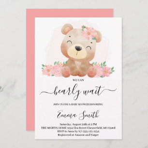 Invitation Baby shower de l'ours en tourbe rose