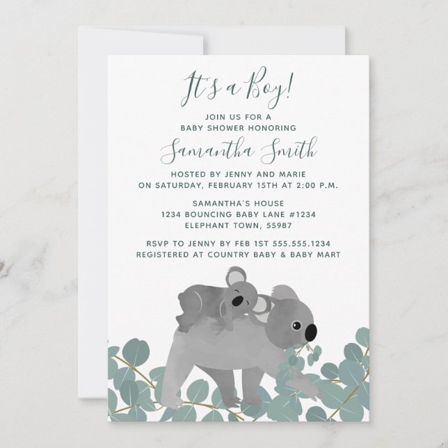 Invitation Baby shower de l'ours Koala (Devant)