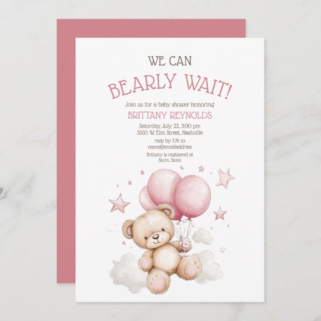 Invitation Baby shower de l'ours rose d'attente (Devant / Derrière)