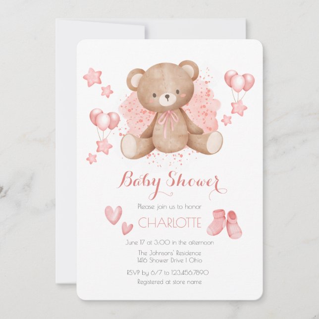 Invitation Baby shower de l'ours rose Teddy (Devant)