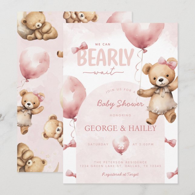 Invitation Baby shower de l'ours rose Teddy (Devant / Derrière)