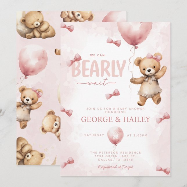 Invitation Baby shower de l'ours rose Teddy (Devant / Derrière)