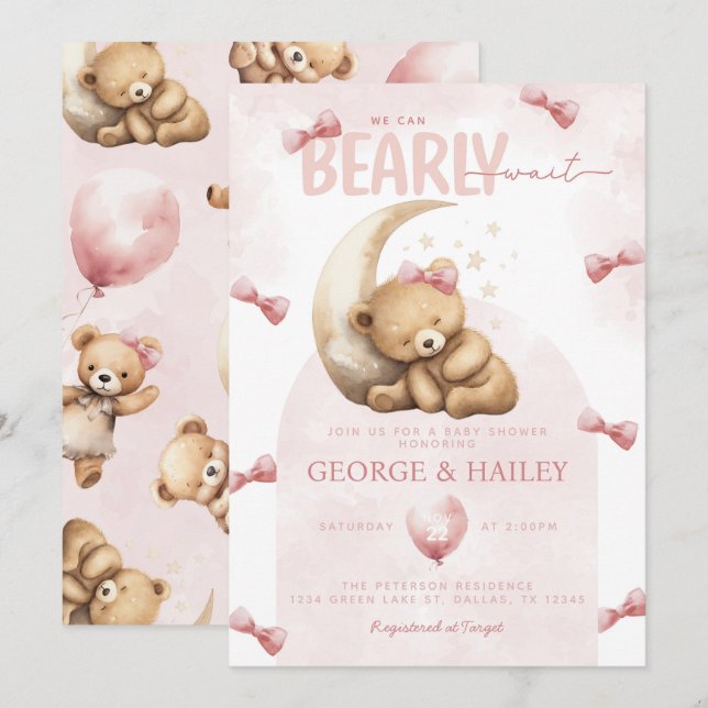 Invitation Baby shower de l'ours rose Teddy (Devant / Derrière)