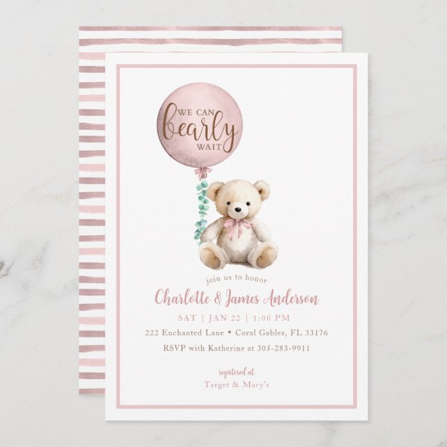 Invitation Baby shower de l'ours rose Teddy Bearly Wait Invit (Devant / Derrière)