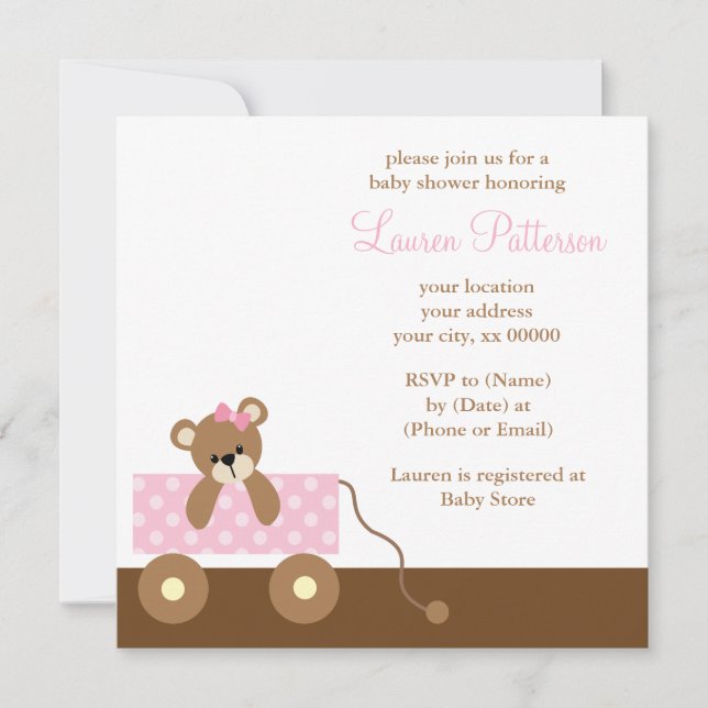 Invitation Baby shower de l'ours rose Wagon (Devant)