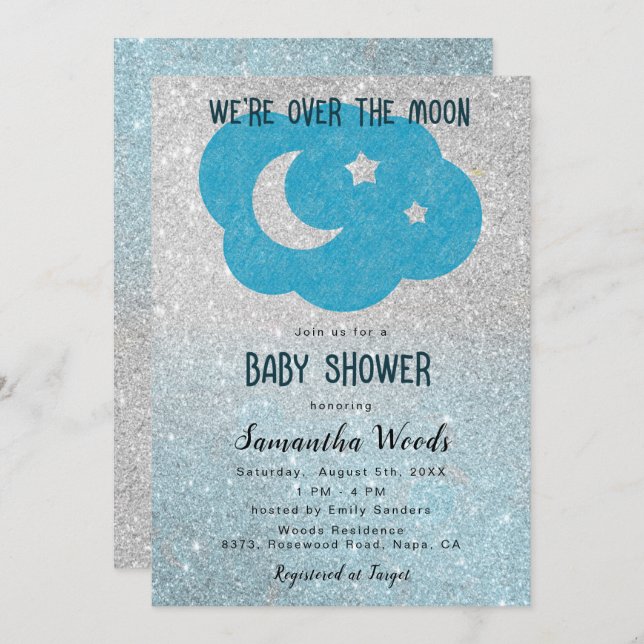 Invitation Baby shower de lune d'argent et de Parties scintil (Devant / Derrière)