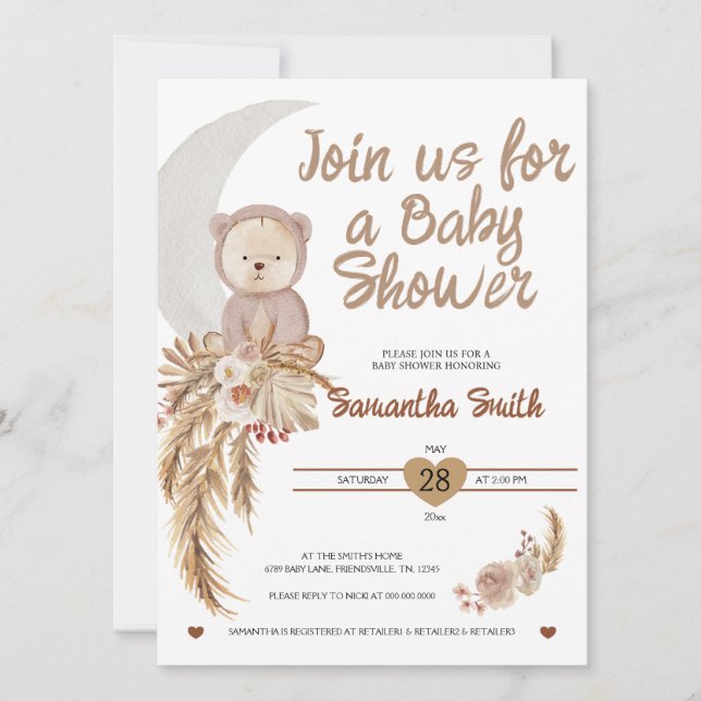 Invitation Baby shower de lune d'ours de saumons n (Devant)