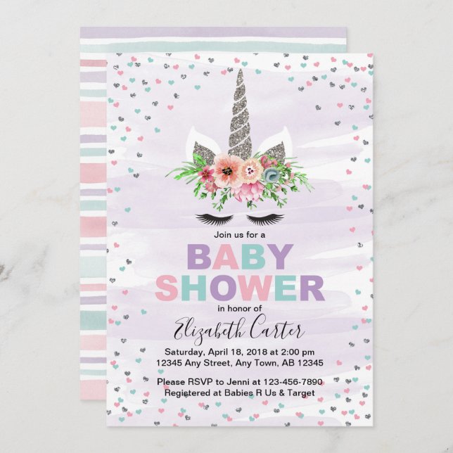 Invitation baby shower de l'Unicorne aux filles vi (Devant / Derrière)