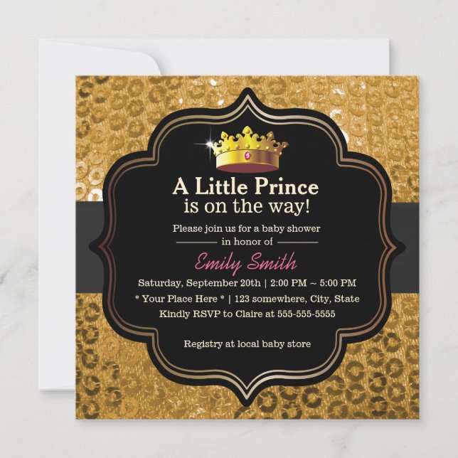 Invitation Baby shower de luxe Gold Crown Little Prince (Devant)