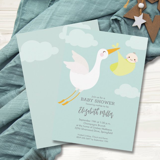Invitation Baby shower de Magasin Jaune Cute (Cute Yellow Bundle Stork Unisex Baby Shower Invitations, PRINTED and/or INSTANT DOWNLOAD)