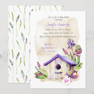Invitation Baby shower de maison d'oiseaux pourpre à tiges de