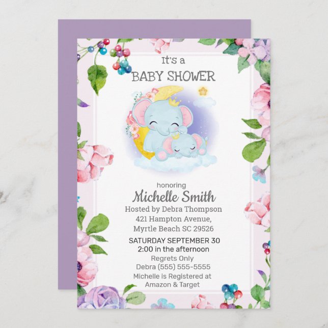 Invitation Baby shower de maman florale rose violet (Devant / Derrière)