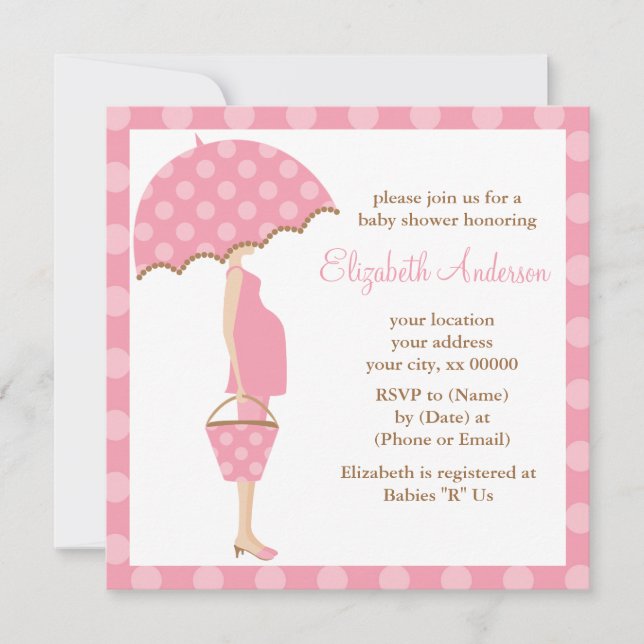 Invitation Baby shower de maman parapluie Pois rose (Devant)