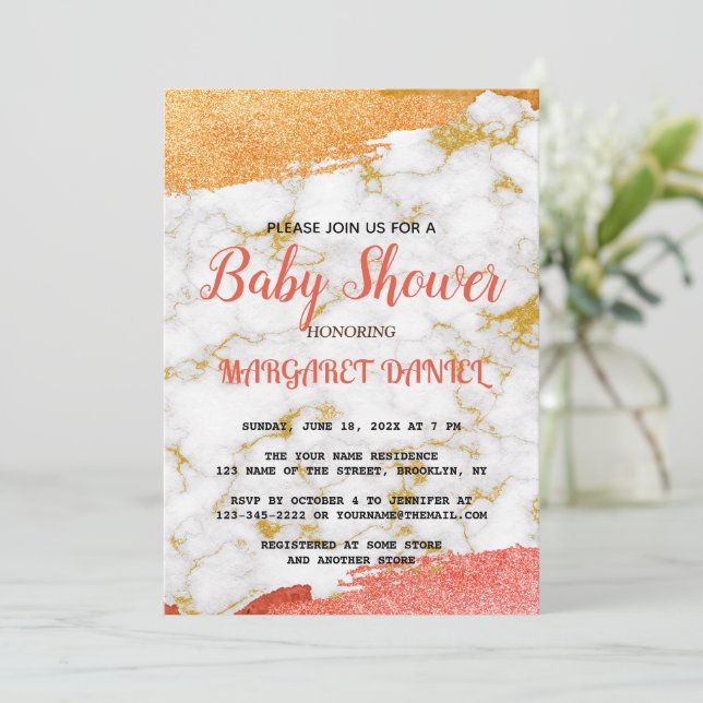 Invitation Baby shower de Marbre blanc de Personnaliser de no (Debout devant)