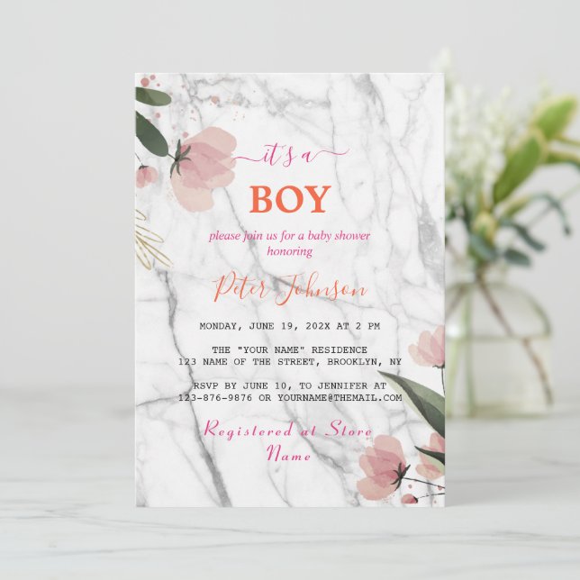 Invitation Baby shower de Marbre blanc de Personnaliser de no (Debout devant)