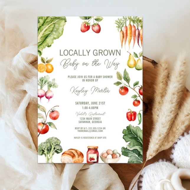 Invitation Baby shower de marché rustique des fermiers cultiv (Locally Grown Farmers market baby shower invite with rustic fruits, veggies, and sweet garden charm)
