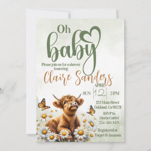 Invitation Baby shower de marguerite fleurie de vache Highlan