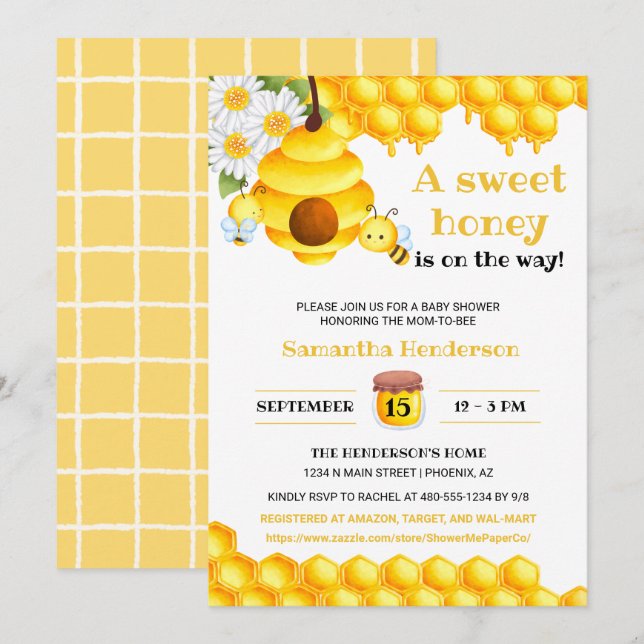 Invitation Baby shower de miel doux (Devant / Derrière)