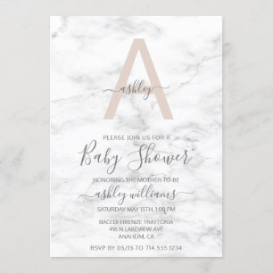 Invitation Baby shower de monogramme de Marbre blanc rose chi