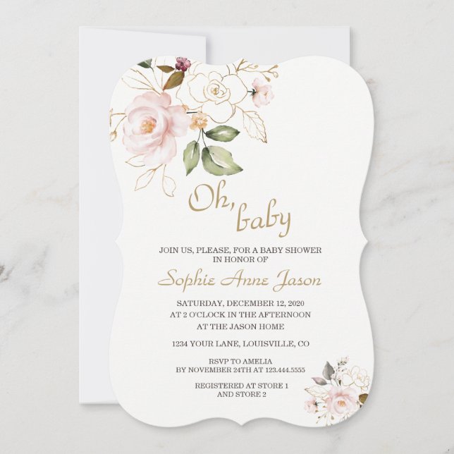 Invitation Baby shower de monogramme floral or brillant (Devant)