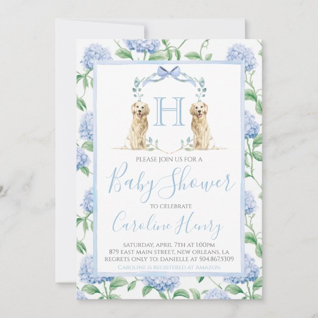 Invitation Baby shower de monogramme Southern Blue Chien (Devant)