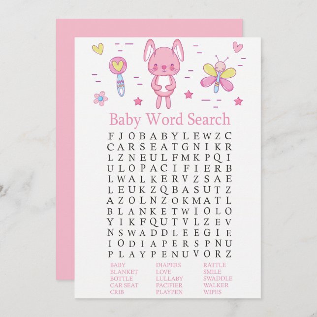 Invitation Baby shower de mot de lapin rose Jeu de recherche (Devant / Derrière)