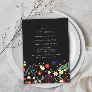 Invitation Baby shower de Motif Fleur sauvage Black Elegant