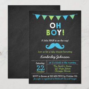 Invitation Baby shower de moustache bleu et vert