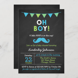 Invitation Baby shower de moustache bleu et vert