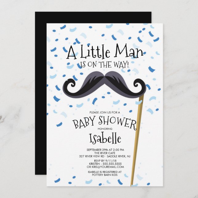 Invitation Baby shower de moustache Little Man moderne (Devant / Derrière)