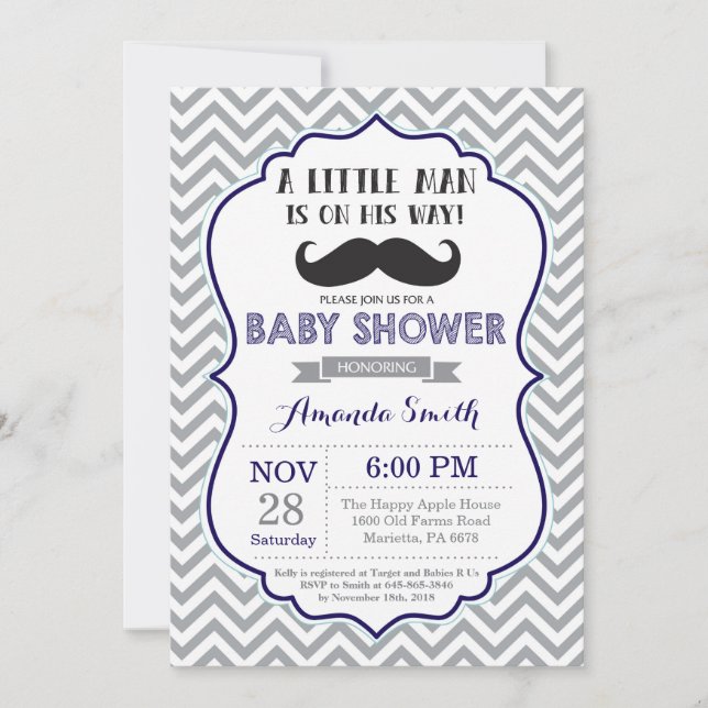 Invitation Baby shower de moustache Navy Blue and  (Devant)