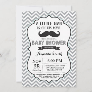 Invitation Baby shower de moustache noir et gris