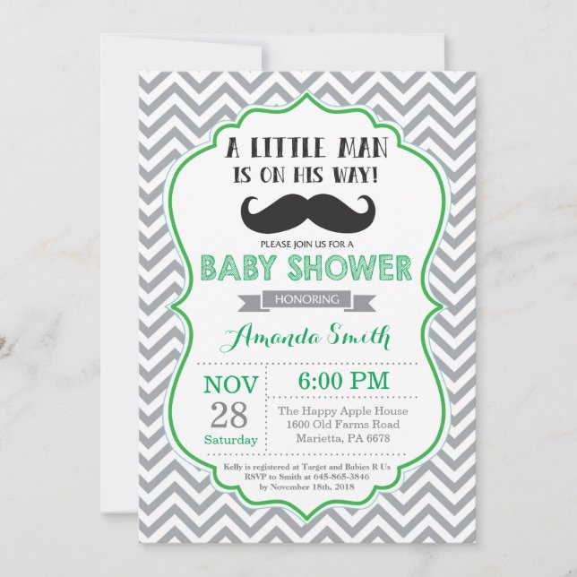 Invitation Baby shower de moustache vert et gris (Devant)