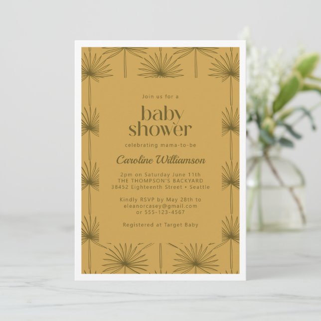 Invitation Baby shower de moutarde boho Fan Palm Leaf (Debout devant)