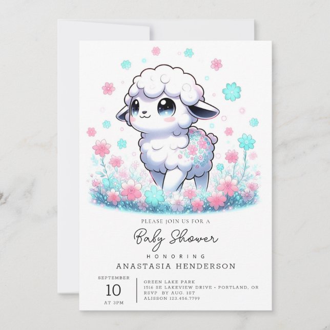Invitation Baby shower de mouton enchanté (Devant)