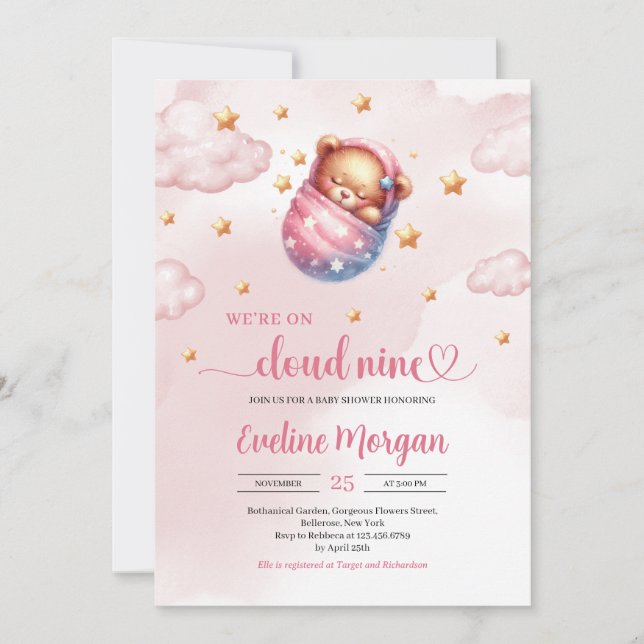 Invitation Baby shower de neuf filles de l'ours en peluche qu (Devant)