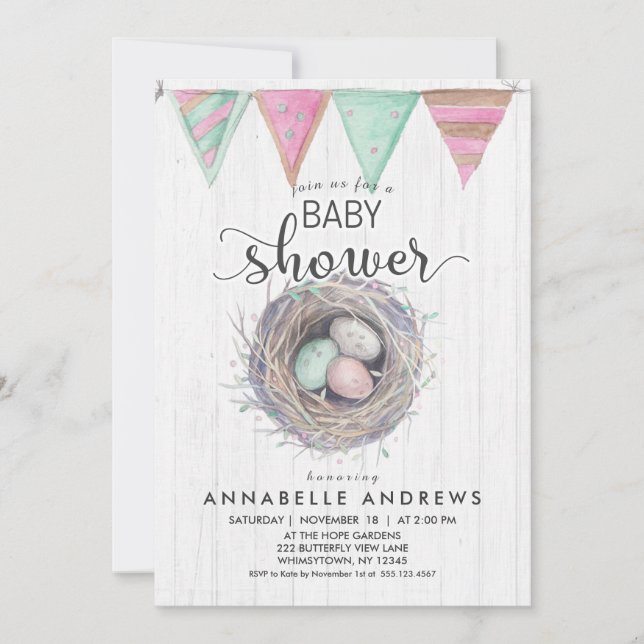 Invitation Baby shower de nid de bois et d'oiseaux (Devant)