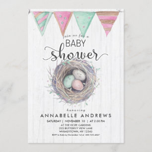 Invitation Baby shower de nid de bois et d'oiseaux