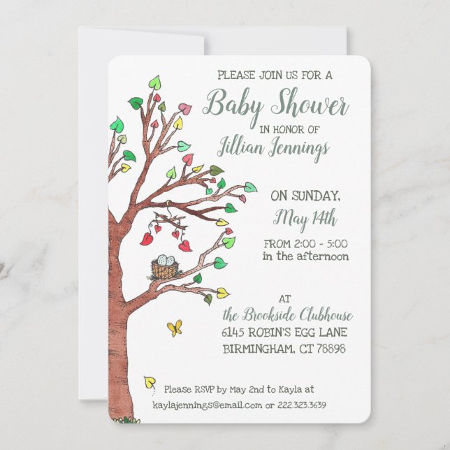 Invitation Baby shower de nid d'oiseau mobile Feuille Heart (Devant)