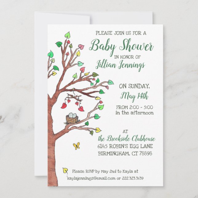 Invitation Baby shower de nid d'oiseau mobile Feuille Heart (Devant)