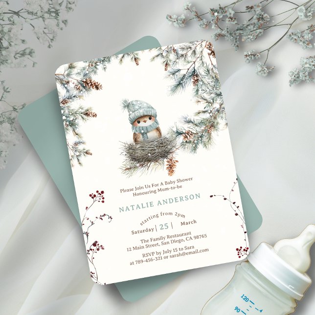 Invitation Baby shower de nid d'oiseaux bleu moelleux en bois (Cute Snowy Woodland Blue Bird's Nest Baby Shower Invitation)