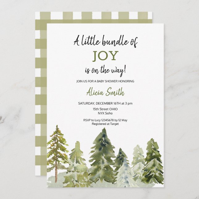 Invitation Baby shower de Noël à la Pine Forêt (Devant / Derrière)