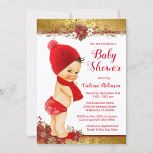 Invitation Baby shower de Noël Boy Red Gold Brunette