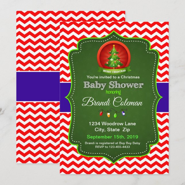 Invitation Baby shower de Noël Chevron Rouge Bleu & Vert Inv (Devant / Derrière)