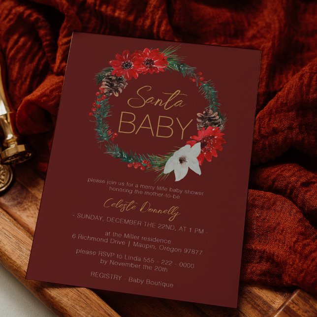 Invitation Baby shower de Noël classique Wreath Red Père Noël (Créateur téléchargé)