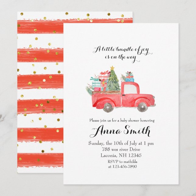 Invitation baby shower de Noël de la camionnette rouge (Devant / Derrière)