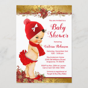 Invitation Baby shower de Noël de la fille Red Gold Brunette